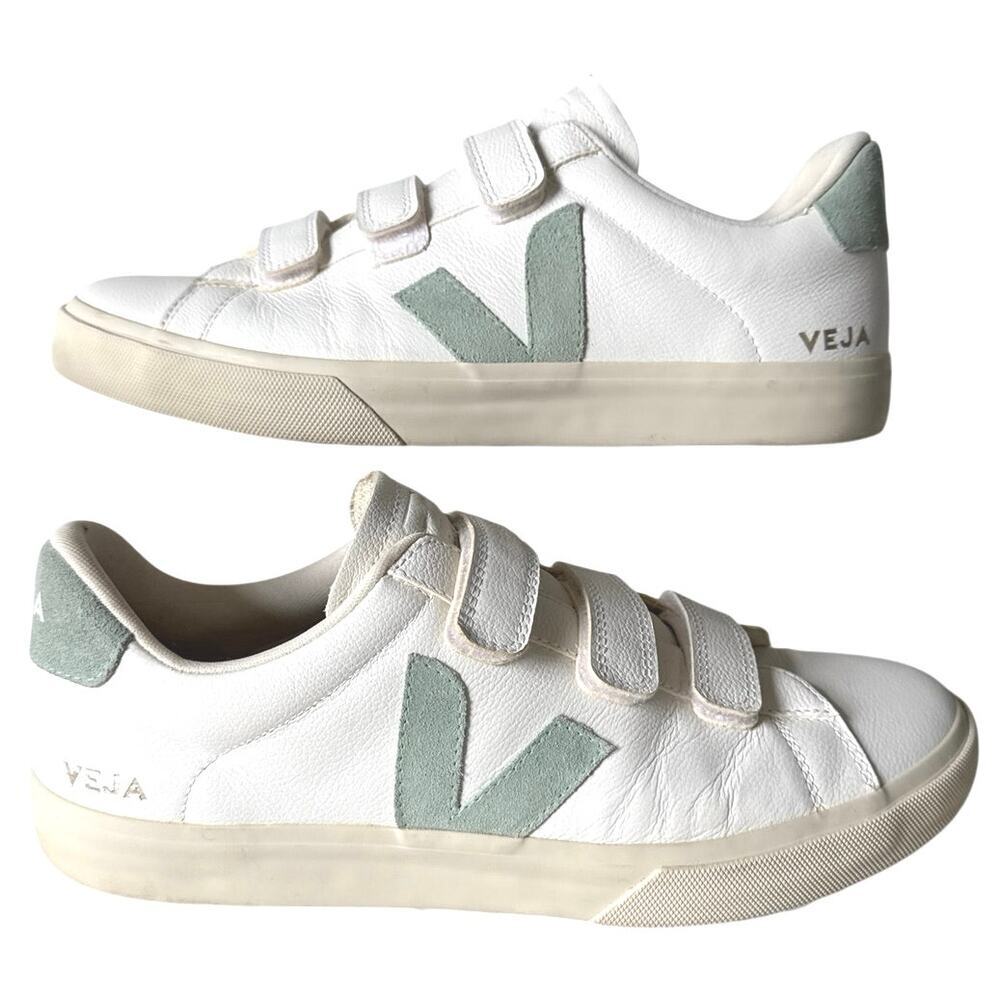 Veja Men’s Recife Leather Velcro Sneakers White Green Hook & Loop Size 12